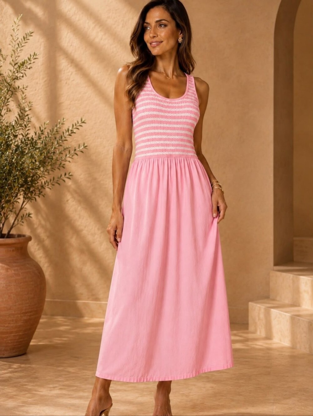 SM 14 Made In Italy Sleeveless Pink Maxi Dress with Smocked Bodice Pockets